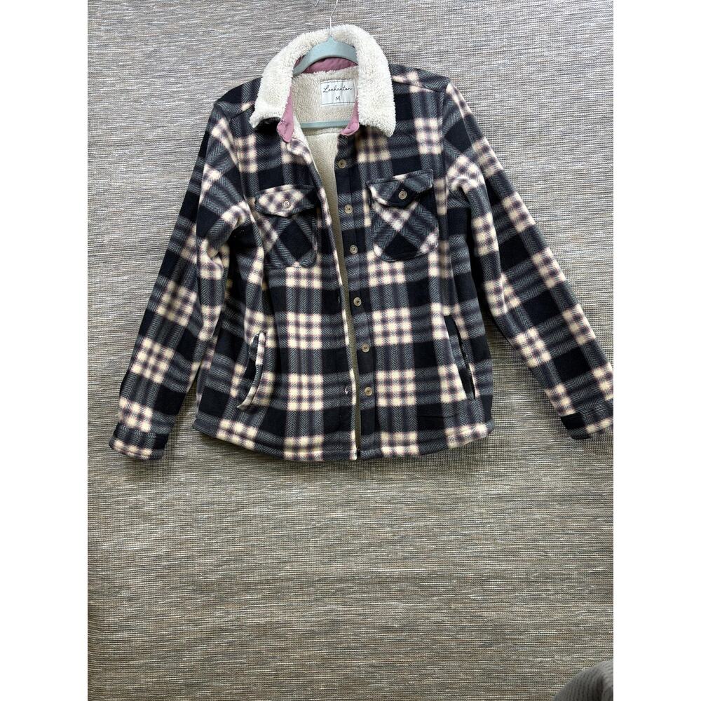 Lee Hanton Plaid Jacket Womens M Black Sherpa Lined Flannel Button Front Short